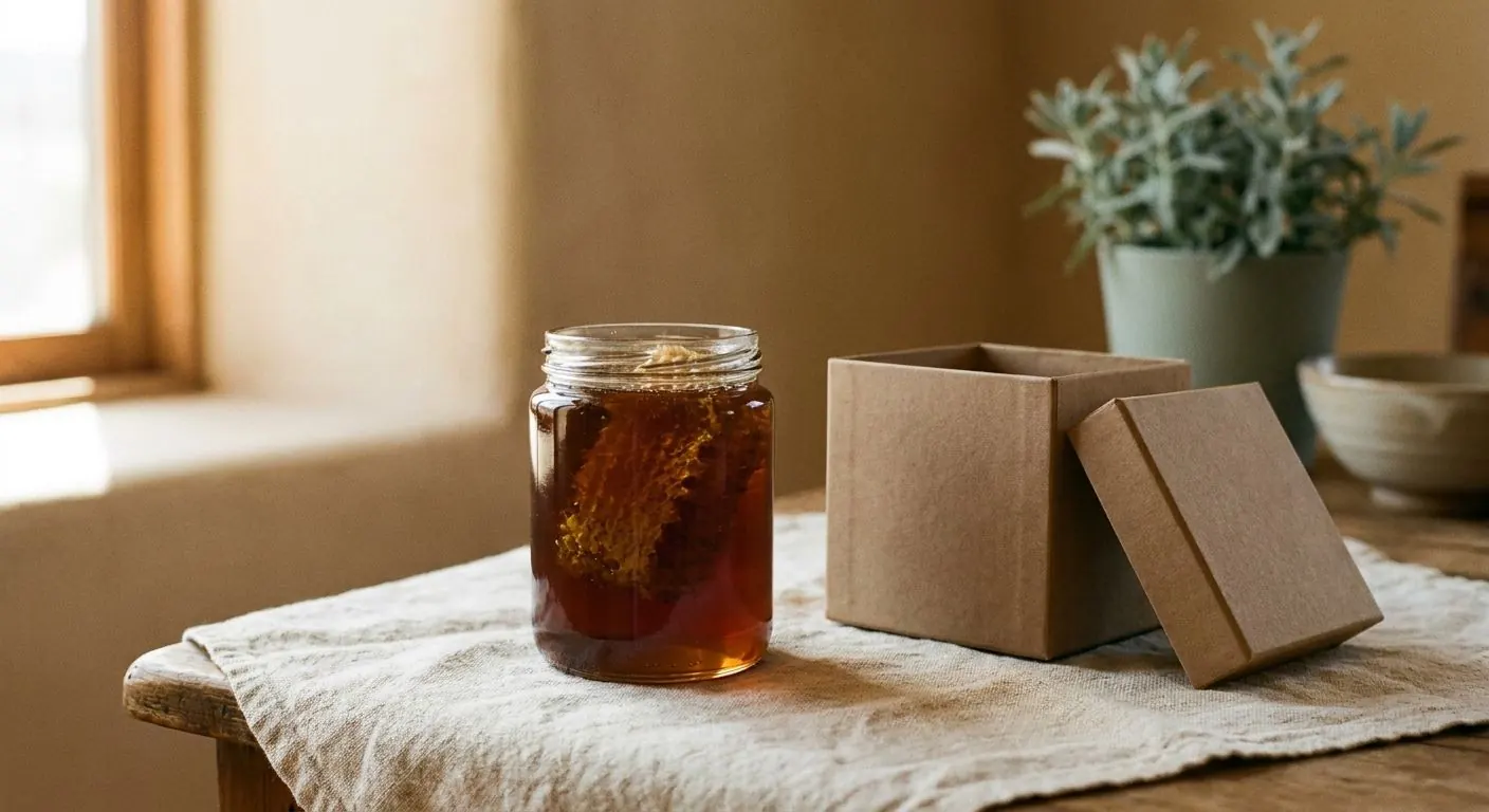 A jar of dark amber honey with a section of honeycomb suspended inside, beside a plain open gift box on linen