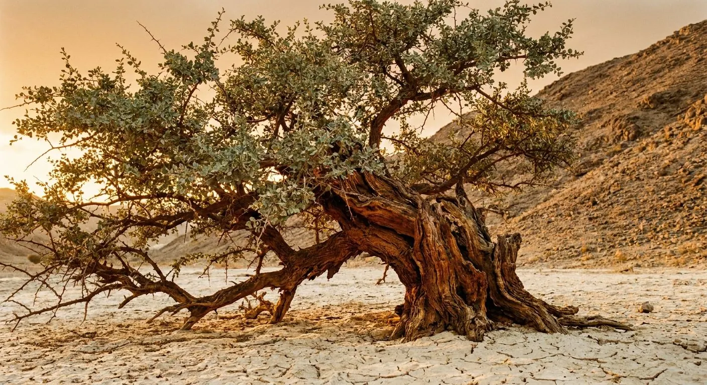 An ancient Ziziphus spina-christi, thorny and low-branched, standing alone on cracked ground at golden hour
