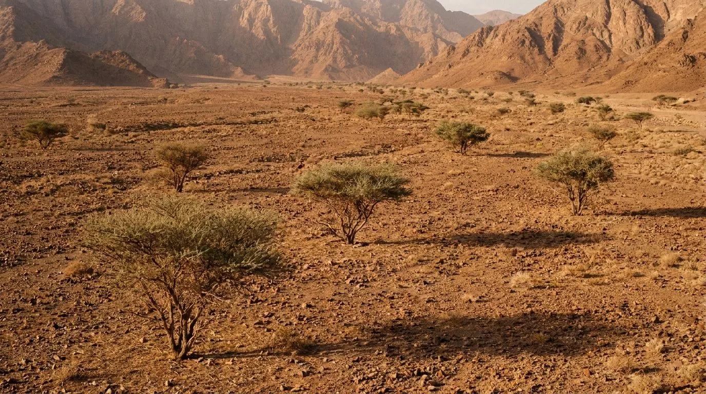 Widely spaced Sidr trees growing unirrigated across a stony arid valley floor, bare ground between each one