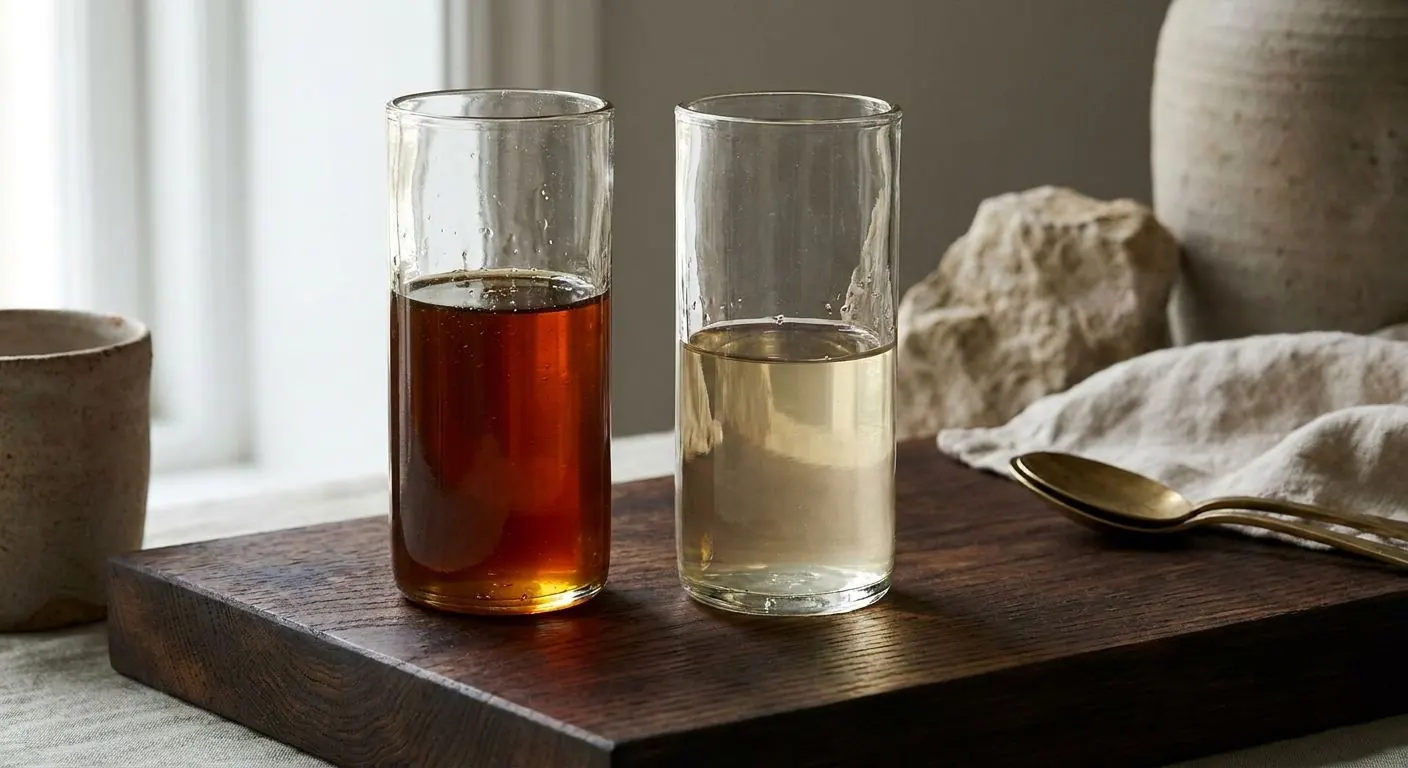 Two identical glasses side by side, the one of dark amber honey filled visibly higher than the pale one beside it