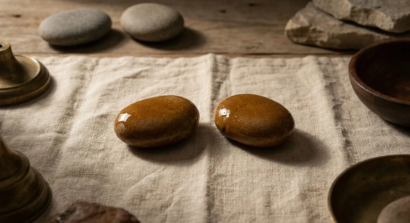 Two river stones sealed in a glaze of amber honey on linen, with two bare dull stones out of focus behind
