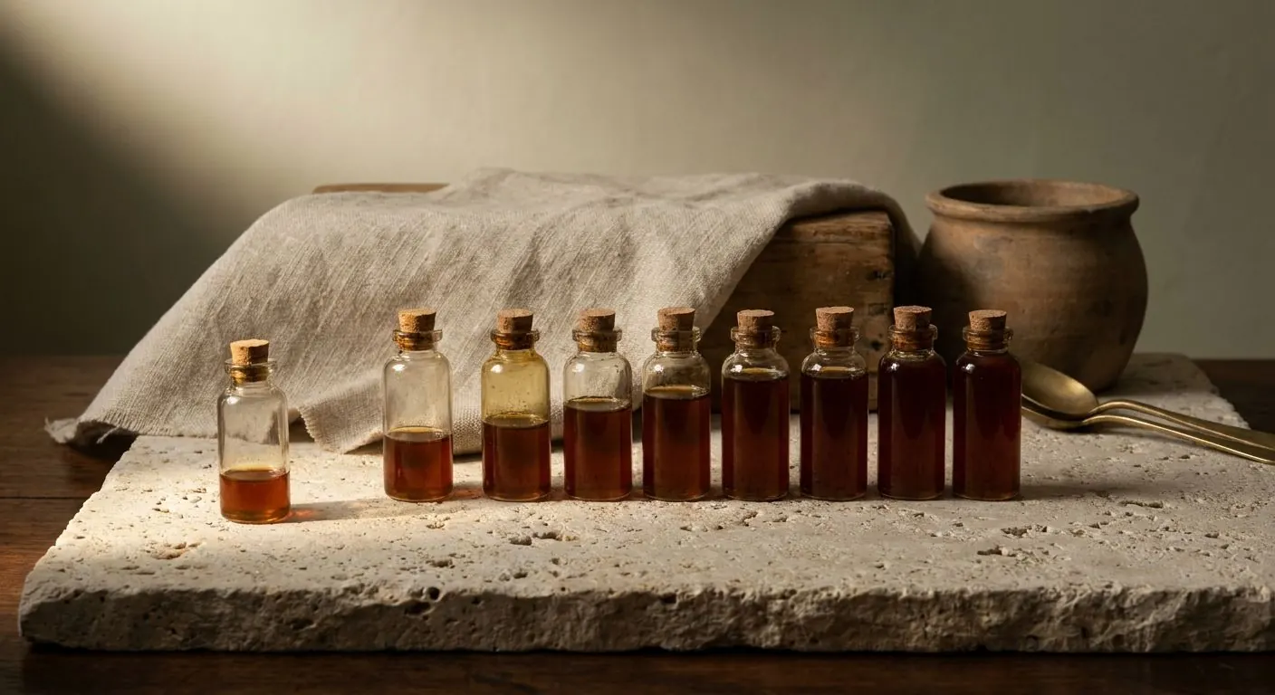 Nine corked glass vials in a row, filled from almost empty to nearly full, the smallest set forward in the light