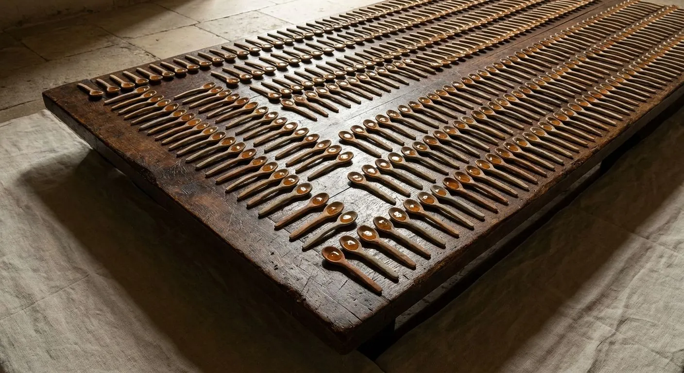 A long refectory table covered edge to edge with hundreds of small spoons of honey in receding rows