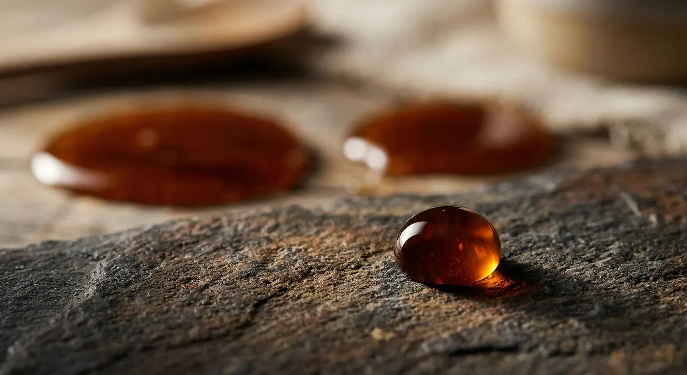 A single small droplet of amber honey lit on dark slate, with two much larger pools soft-focused behind it