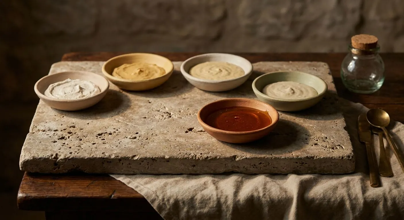 Five clay dishes on a stone slab — four holding pale inert pastes, one holding dark amber honey set forward of the rest